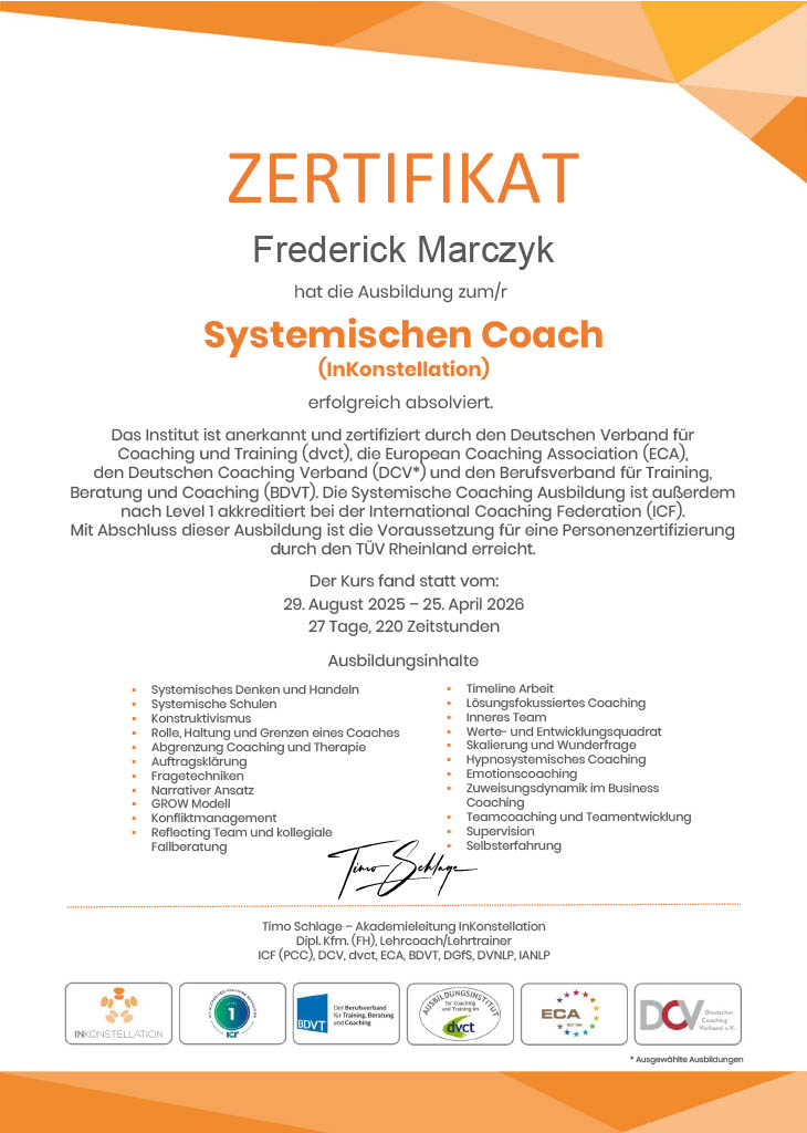 Zertifikat Systemisches Coaching – Frederick Marczyk, InKonstellation 2026